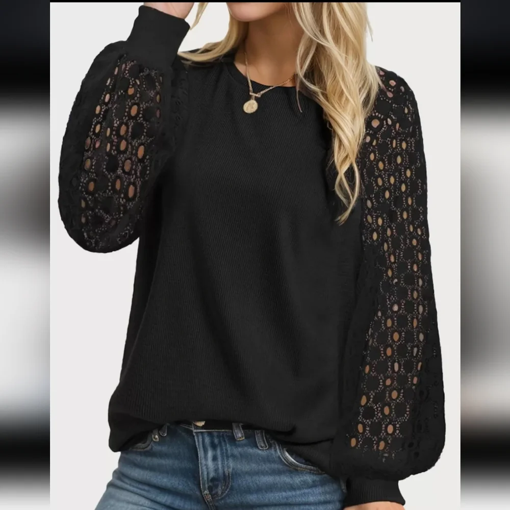 ❤️Chic Black Lace Sleeve Top - Picture 2 of 8
